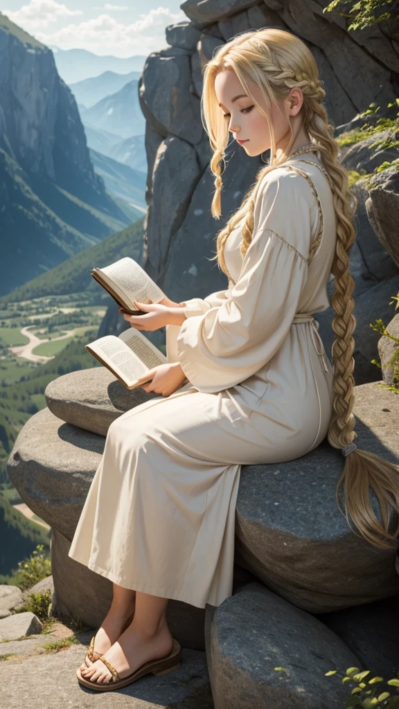 Blonde  with braided hair and long dress sitting on her back sitting on a rock reading a book