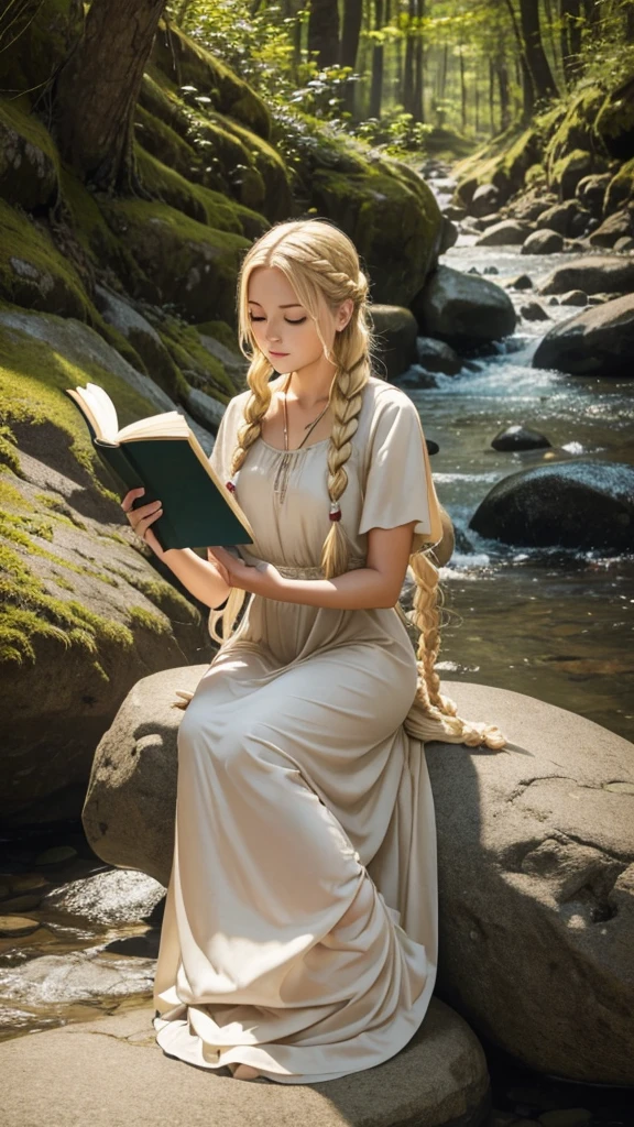Blonde with braided hair and long dress sitting on her back sitting on a rock reading a book