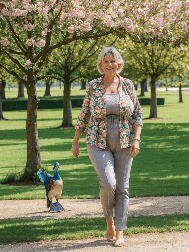 Ellen Burstyn, her name is Lieke, high quality, 1 old woman, ((50-year-old plump dutch woman)), ((55 years old)), (((wrinkled body))), ((((old body)))), ((milf)), ((short grey hair)), (((no make up))), (pale skin),(((large breasts))), ((wide hips)), ((thick legs)), ((Large cleavage:1.1)) POSE: STANDING, ((she is wearing modest stylish Generation X floral clothing different colors)), cheerful, happy, BACKGROUND: outdoor: Rosenborg Castle Gardens, Copenhagen: Elegant gardens with neatly trimmed hedges, statues, and vibrant flower beds. Peacocks roaming freely and a clear blue sky could set a serene atmosphere. Peacocks roaming freely and a clear blue sky could set a serene atmosphere.