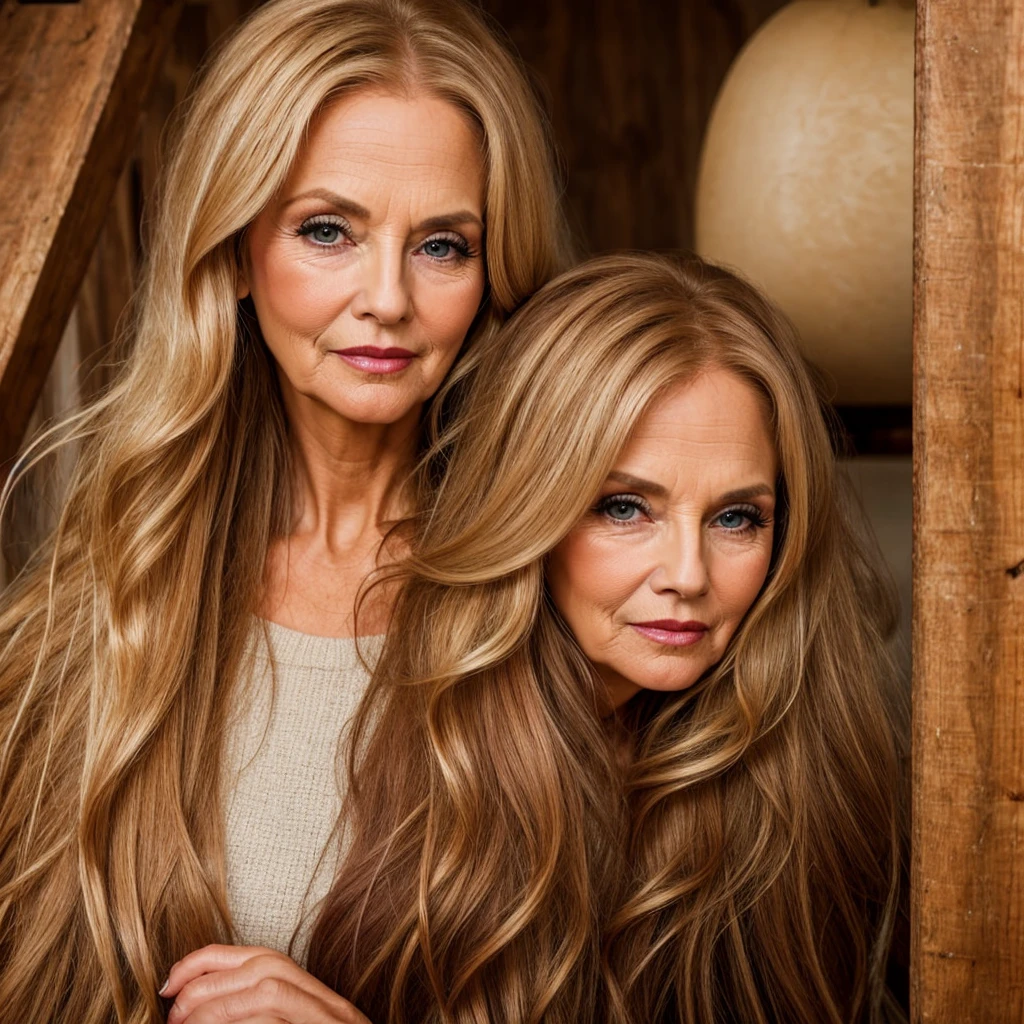 65 year old woman with long blonde hair and dark reddish lips
