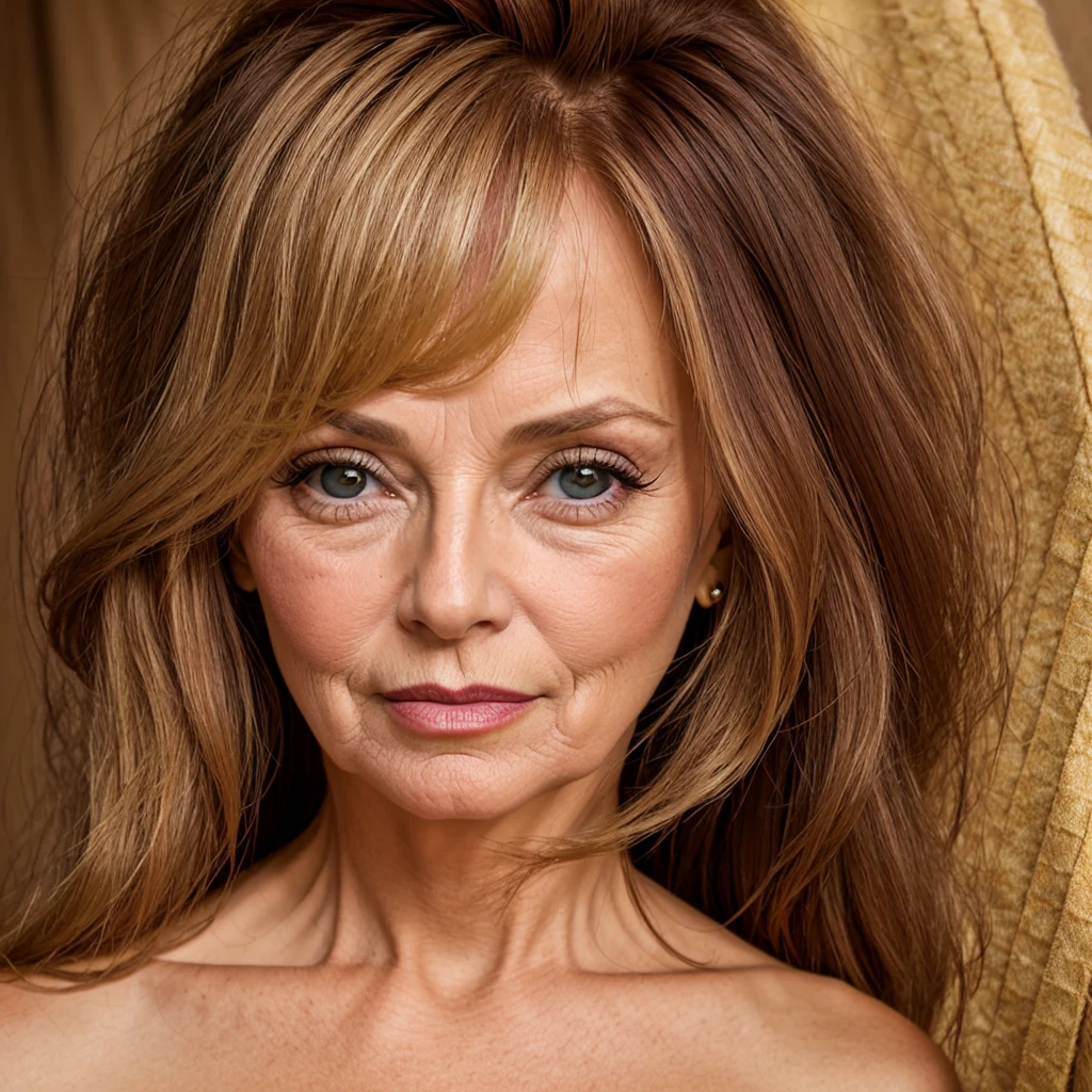 65 year old woman with long blonde hair and dark reddish lips
