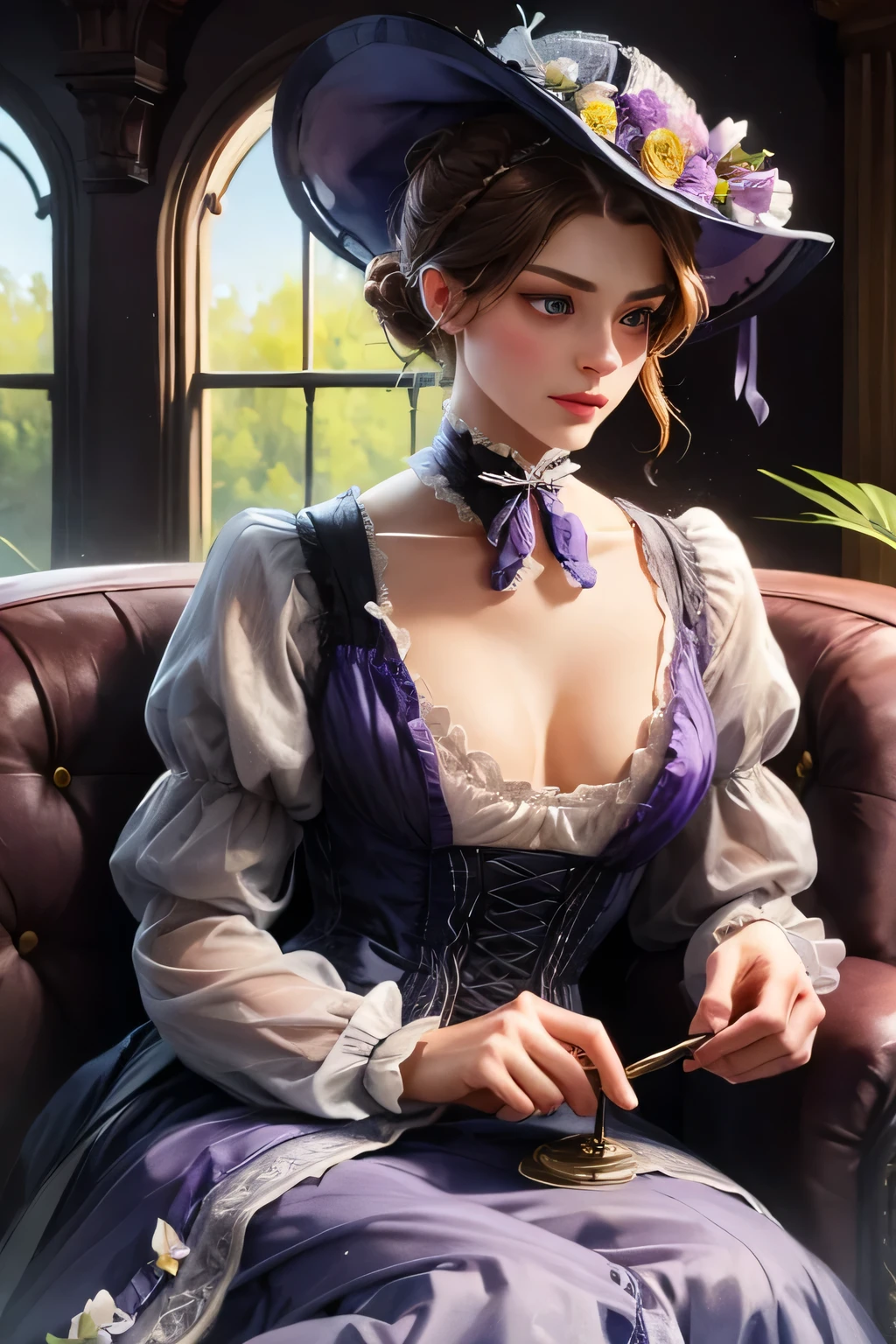 Victorian woman, victorian hat with flowers, wearing a purple and white Victorian dress, skin fair, brown hair tied in a bun, eyes browns, recatada