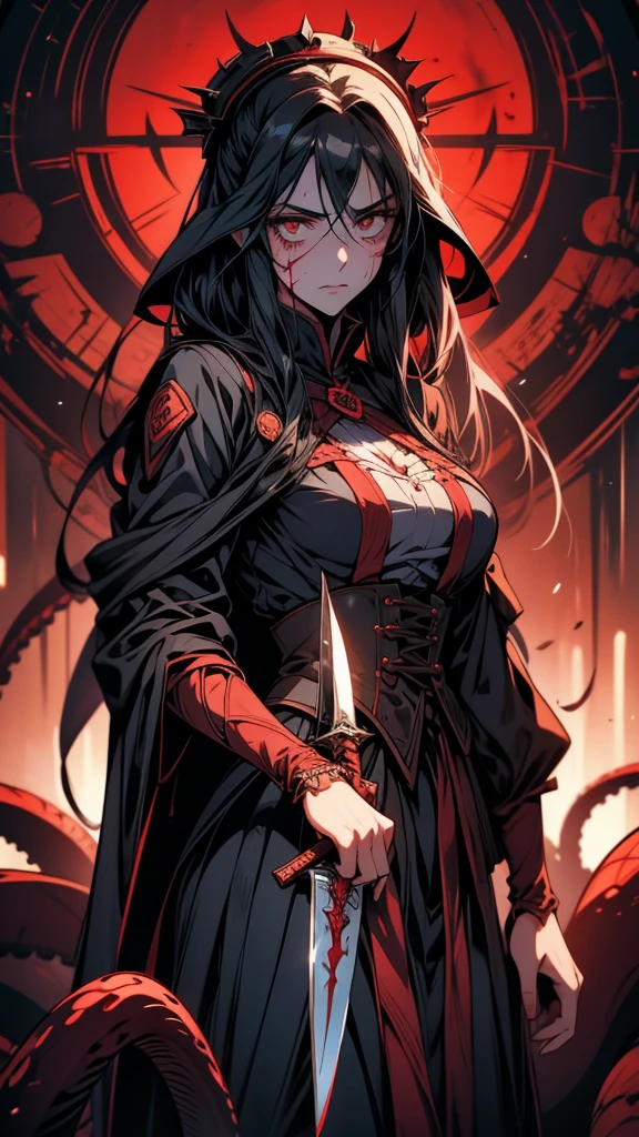 anime girl with blood on her face and a knife in her hand, gapmoe Yandere grimdark, Yandere intricate, Abigail Larson, gapmoe Yandere, albedo from the anime overlord, takato yomamoto, Albedo from Overlord, Yandere, takato yomamoto. 4k yen, Fine details. anime. Tentacles