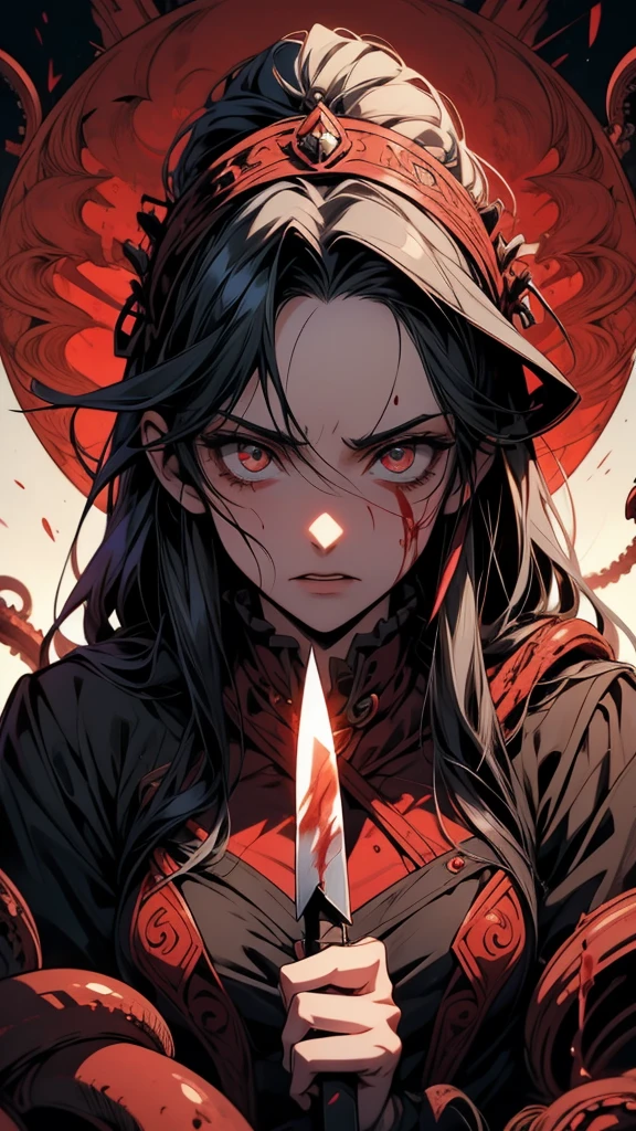 anime girl with blood on her face and a knife in her hand, gapmoe Yandere grimdark, Yandere intricate, Abigail Larson, gapmoe Yandere, albedo from the anime overlord, takato yomamoto, Albedo from Overlord, Yandere, takato yomamoto. 4k yen, Fine details. anime. Tentacles