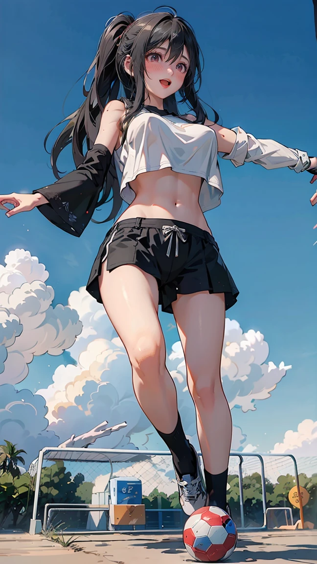 ((((highest quality)))), (((Ultra-precision CG 16K))), (((masterpiece))), (((Very detailed))), (((Extremely detailed))), (((Black outline:1.3, Written boundary depth:1.3 , Written soft outline))), Blur, Bokeh, Maximum clarity and sharpness,Multilayer Texture, Surface Shading, Cinematic lighting, Beautiful details sparkle ,Perfect Proportions, Limited to three woman, BREAK accurate, Anatomically correct, Highly detailed face and skin texture, drawn in detail, Highly detailed facial and skin texture, Detailed eyes, beautiful hair, Beautiful Japanese Idol face, Beautiful and beautiful eyes, Beautiful body, Beautiful breasts, Beautiful thighs, Beautiful legs, Beautiful fingers, (Beautiful views) , skinny body, ((Beautiful Skin)), ((Skin Texture)) BREAK breast enlarged, large Breasts, rocket breasts, (((perky breasts))), covered nipples ,slender waist, (laughing, narrow eyes, blush, determined expression, hot, sweaty , Heavy breathing,) BREAK (((no-bra, wearing oversized football uniform, sportswear, low rise hot pants with slits, no-sleeve, breast is covered by outfit))) , wearing earrings, BREAK ( stick breast out),((( a woman standing on the playground holding your knees:1.3, a girl trap the soccer ball with chest, stretching out ,looking at viewer, from below))),
