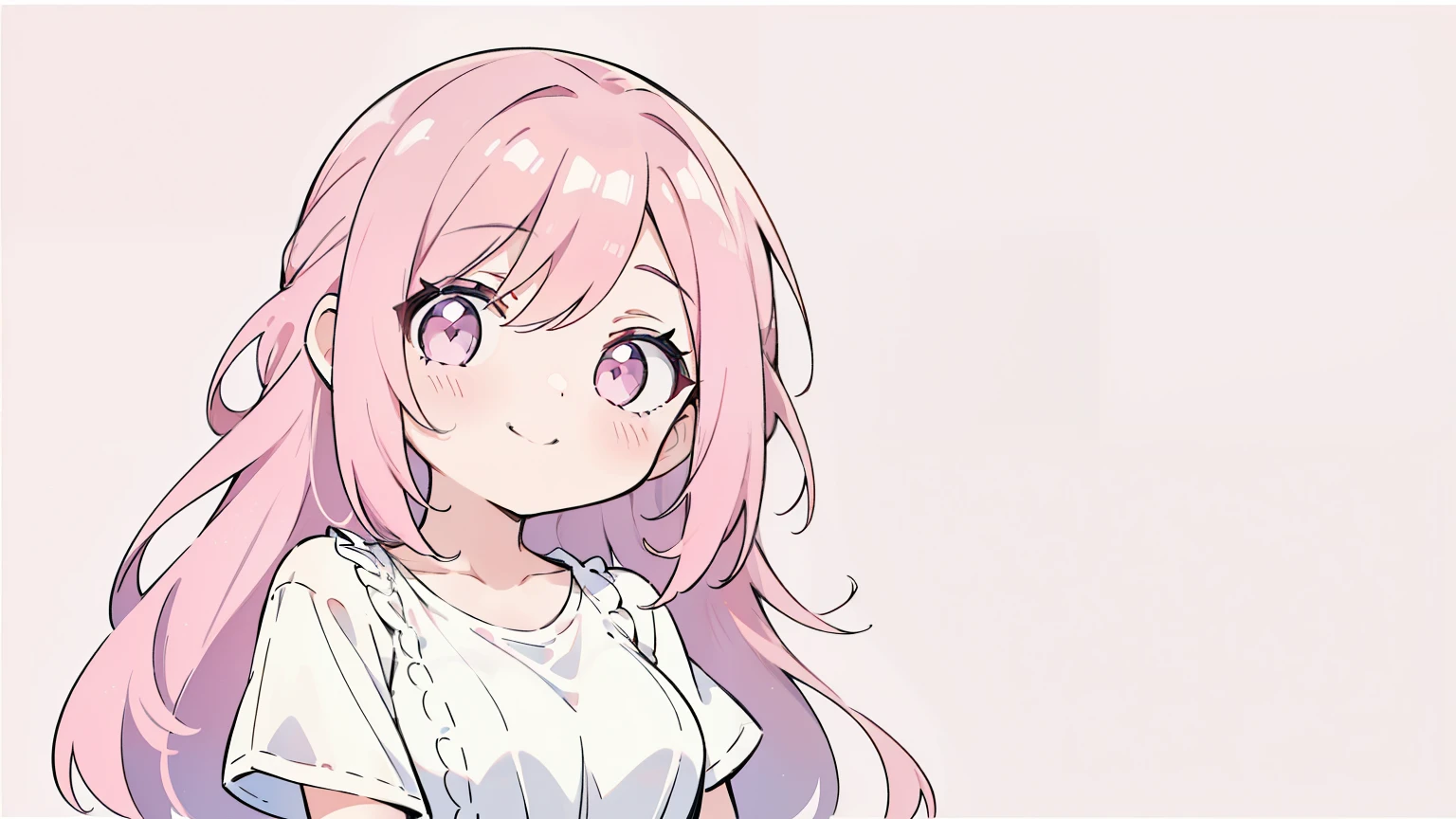 masterpiece, beautiful detailed, (casual clothes), pastel color, pink Eyes, pink hair, long hair, layered hair, 1girl, smile, medium breasts, hair scrunchie, ((no background:1.4)), ,(((bold outline))), limited palette