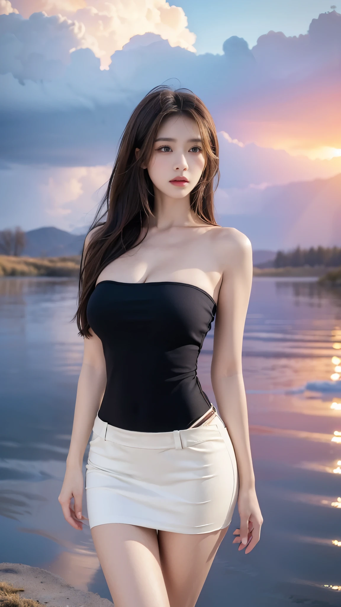 ((cowboy shot)), ((I-type Valley)), ((Short hemlines, sexy long legs)), ((Elegant and charming posture, random view shots)), realistic detailed photo of a giant breasted girl with exposed shoulders, detailed fingers, high quality skin, red eyes, alone in a winter scene with clouds, wind, and flowing hair, (best quality,4k,8k,highres,masterpiece:1.2),ultra-detailed,(realistic,photorealistic,photo-realistic:1.37),studio lighting,vivid colors