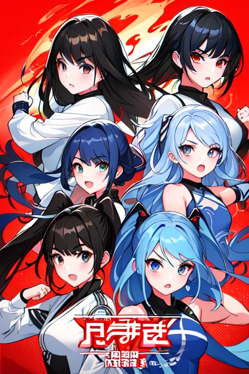 Highest quality, masterpiece, Ultra-high resolution, (6 Girls:1.2),3 vs 3、、Each one has a different uniform、Mixed martial arts、Fighting fiercely、cute、cool、Mature