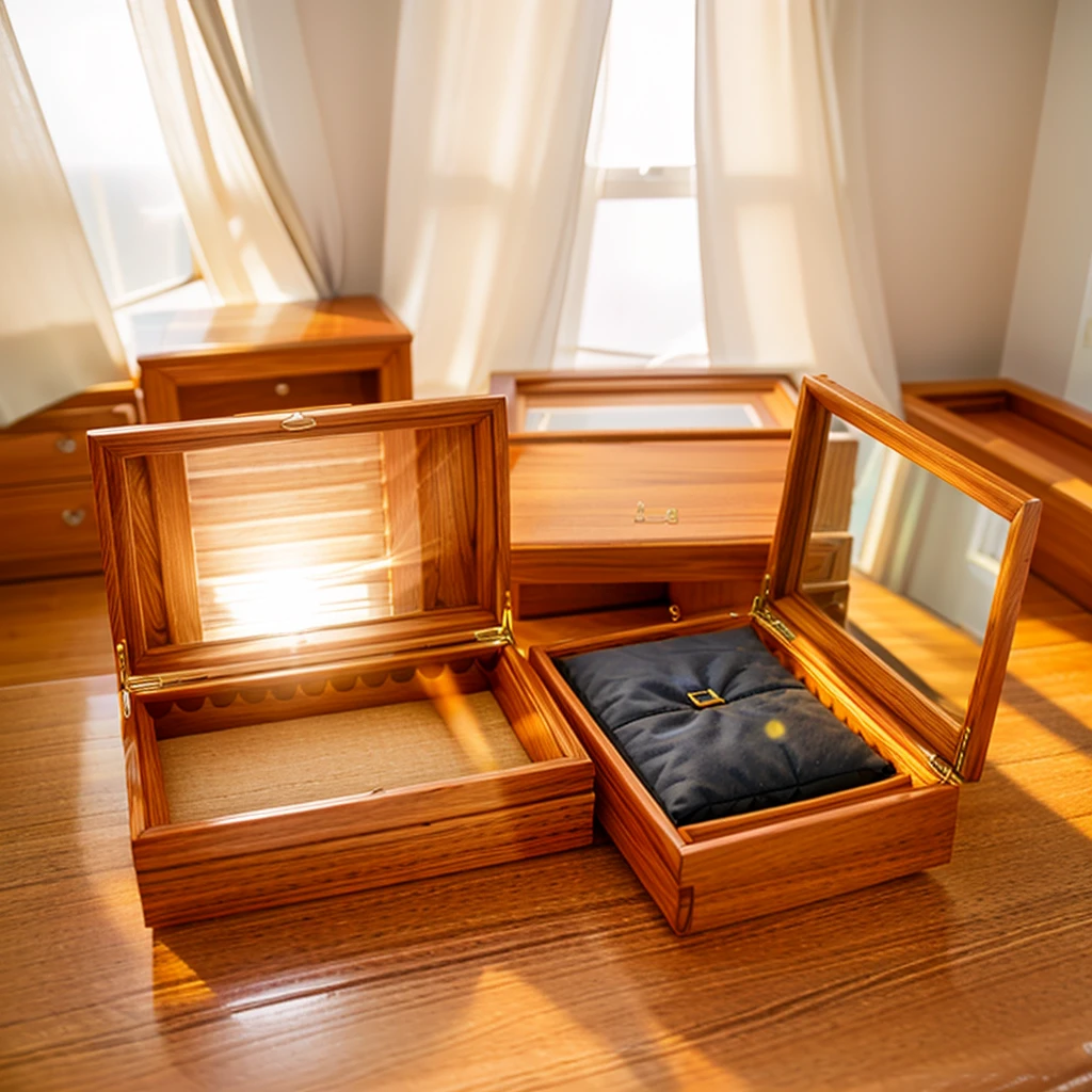 In this cozy room,A ray of sunlight shone through the half-drawn curtains on the table,Let the wood grain on the watch storage box shine with a faint luster。There was a calm and peaceful atmosphere in the air around them。There are several still lifes hanging on the walls of the room,It adds a touch of elegance to the space。And on the other side of the room,The half-open window lets in the breeze,The pages on the small desk by the window turned in the wind,This quiet scene gives a sense of tranquility and comfort。