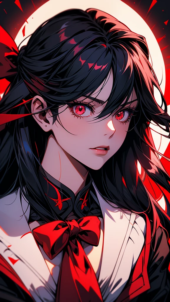 Close-up of a person with long hair and a red ribbon, gapmoe Yandere, gapmoe Yandere grimdark, Yandere, Yandere. expensive, portrait gapmoe Yandere grimdark, The charming Ryuko Matoi, Yandere intricate, Devil Anime Girl, mika kurai demon, ryuko matoi, Profile picture