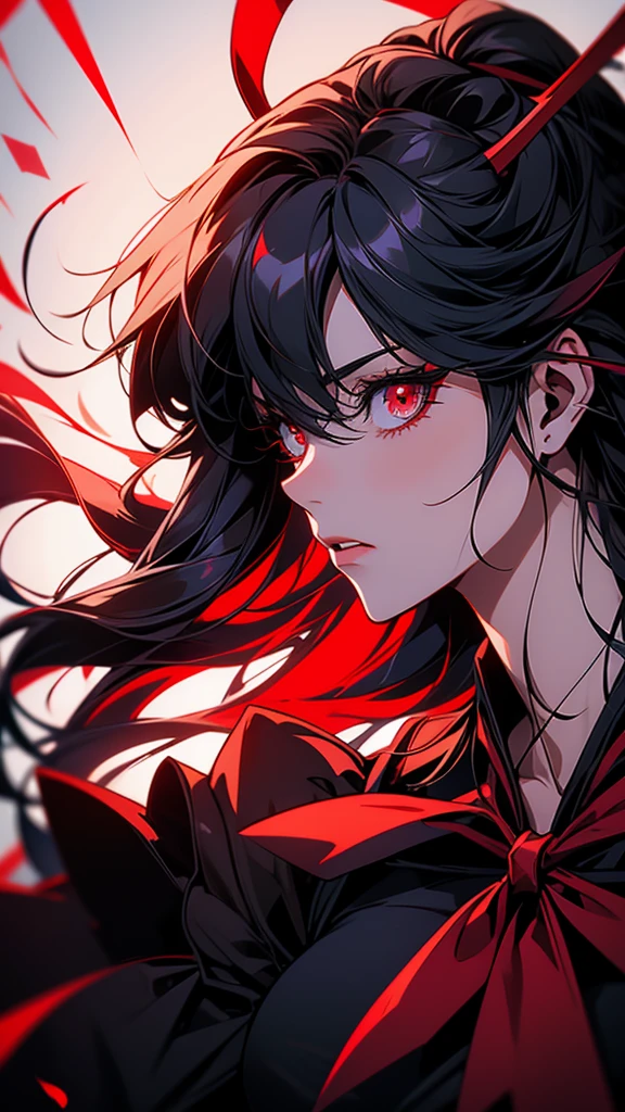 Close-up of a person with long hair and a red ribbon, gapmoe Yandere, gapmoe Yandere grimdark, Yandere, Yandere. expensive, portrait gapmoe Yandere grimdark, The charming Ryuko Matoi, Yandere intricate, Devil Anime Girl, mika kurai demon, ryuko matoi, Profile picture