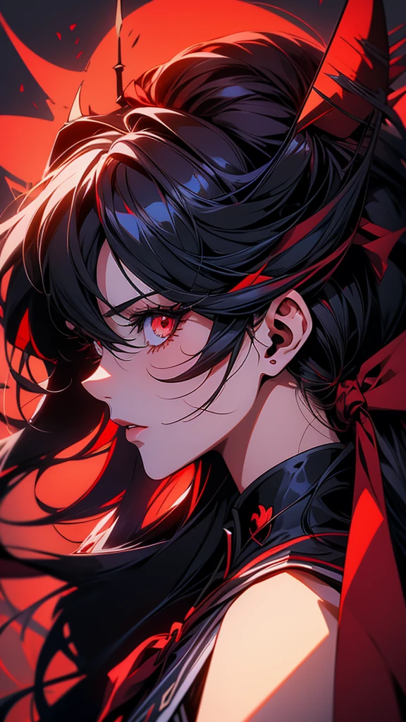 Close-up of a person with long hair and a red ribbon, gapmoe Yandere, gapmoe Yandere grimdark, Yandere, Yandere. expensive, portrait gapmoe Yandere grimdark, The charming Ryuko Matoi, Yandere intricate, Devil Anime Girl, mika kurai demon, ryuko matoi, Profile picture