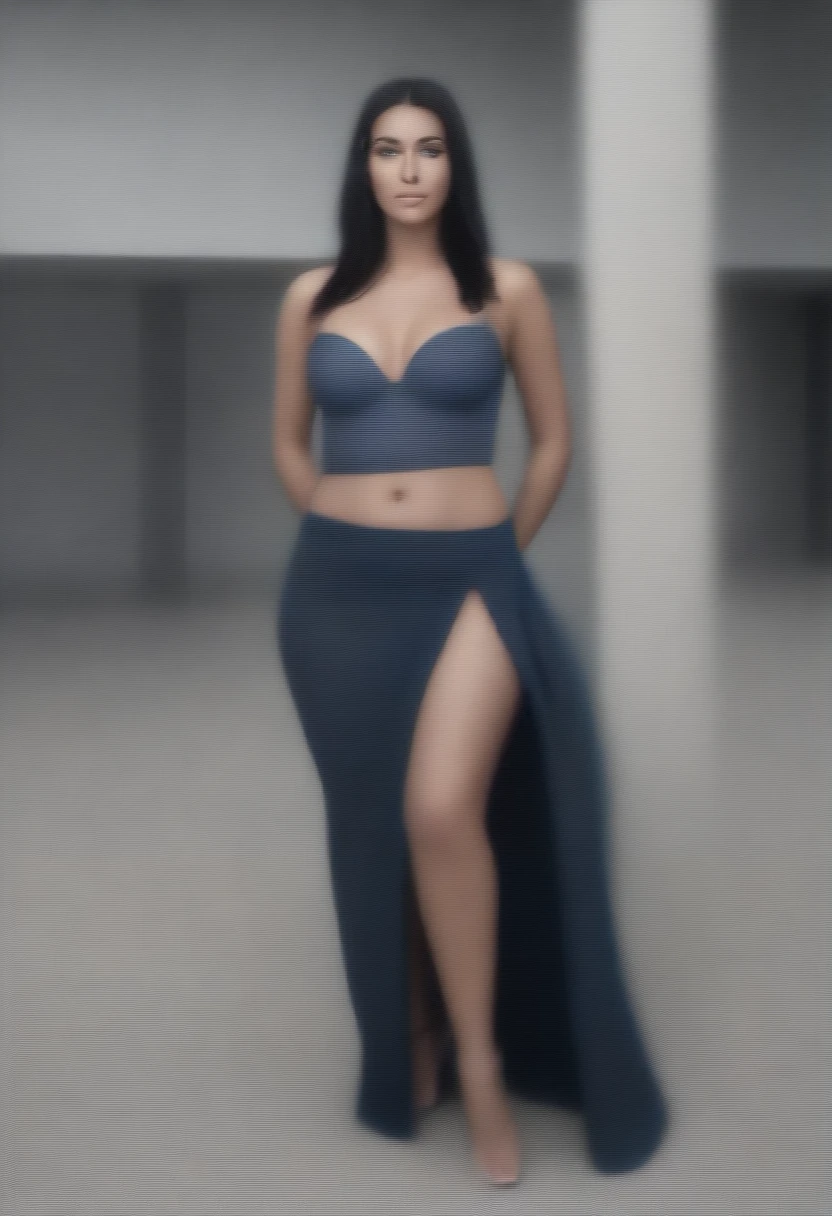 Create a Brazilian model full body image, of 1.75 tall with white skin, straight black hair, blue eyes and voluptuous