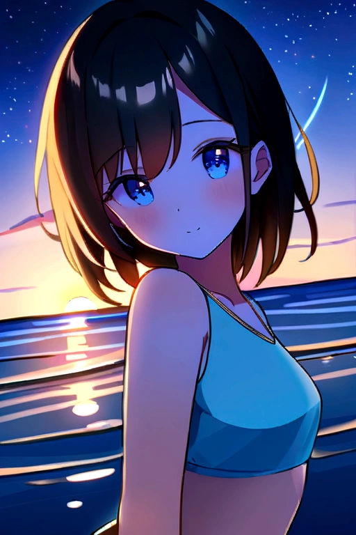 Main part、upscale、Excellent image quality、8K picture quality、Beautiful starry sky pictures、Gorgeous、arched galaxy:1.9、Blue Sea、Swimsuit Beauty:1.9