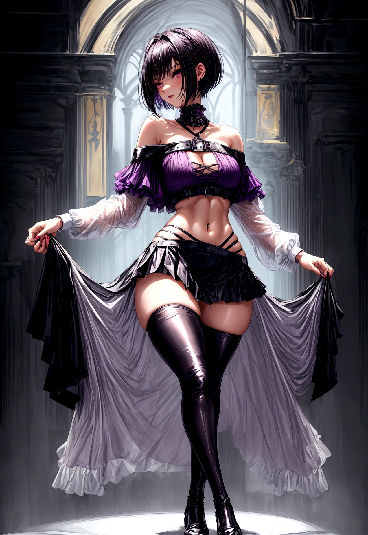 masterpiece, best quality, distinct image, 1 girl, 16 year old ager, off shoulder sport-like crop top, frilly A-line pleated mini skirt, long thigh-high tights worn underneath, solo. sharp facial features, oval shaped face, cherry pink lip, lightly tanned white skin, velvet-colored eyes, tall height(175cm), slim yet chiseled body-type, dark violet-black hair, short pixie cut hairstyle, slender legs, curvy hips stretching the dress, full body image, gothic style environment