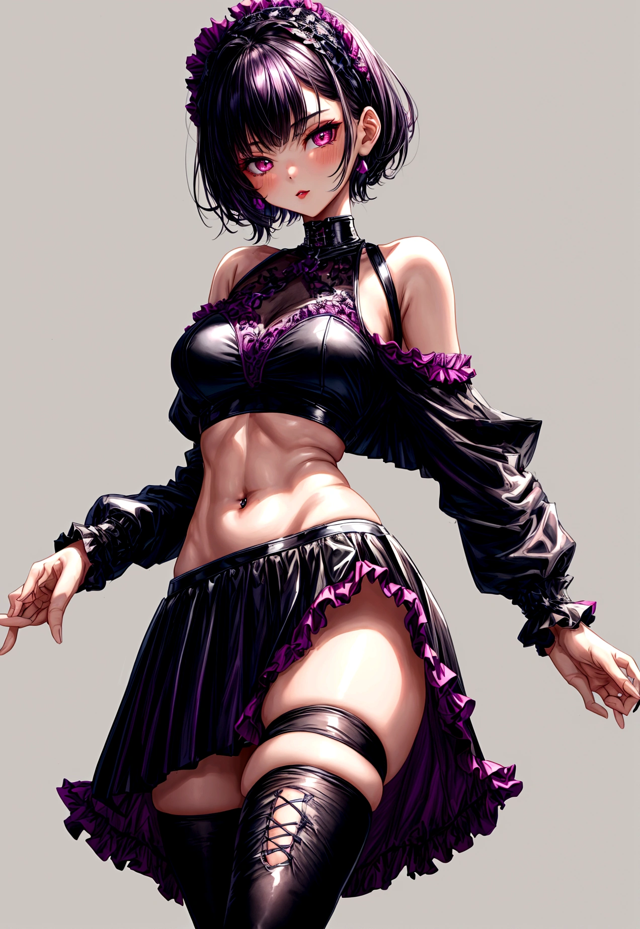masterpiece, best quality, distinct image, 1 girl, 16 year old teenager, off shoulder sport-like crop top, frilly A-line pleated mini skirt, long thigh-high tights worn underneath, solo. sharp facial features, oval shaped face, cherry pink lip, lightly tanned white skin, velvet-colored eyes, tall height(175cm), slim yet chiseled body-type, dark violet-black hair, short pixie cut hairstyle, slender legs, curvy hips stretching the dress, full body image, gothic style environment