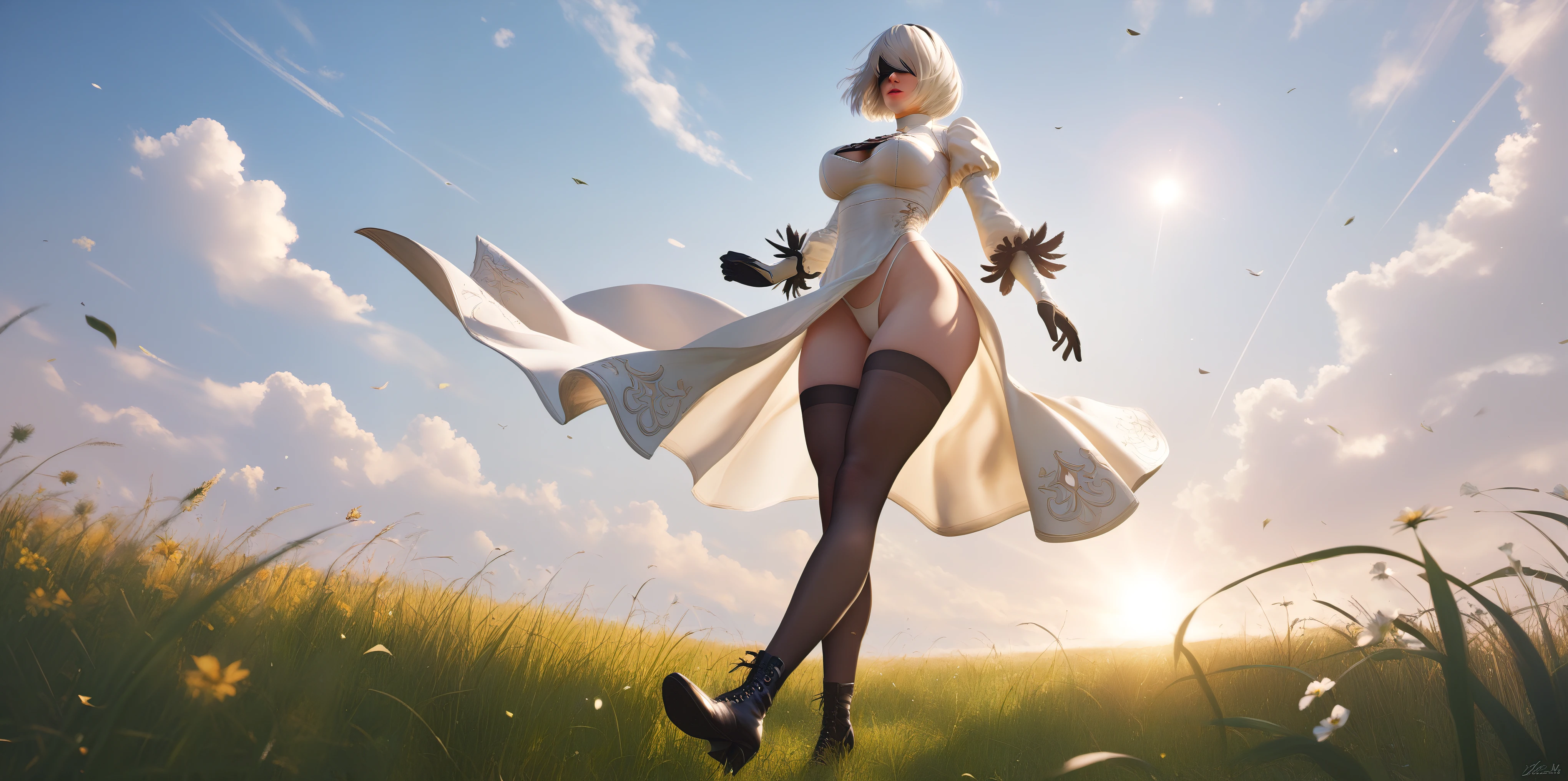 score_9, score_8_up, score_7_up, score_6_up, score_5_up, score_4_up, 1girl, 2b \(nier:automata\) white hair, bob cut, blindfold, voluptuous, large breasts, BREAK (masterpiece:1.2), best quality, high resolution, (illustration:0.8), (detailed eyes:1.3), perfect lighting, (perfect hands, perfect anatomy), white thong leotard, battle_stance, one_leg_raised, field, glow effect, from below, 
