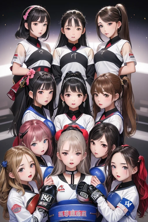 Highest quality, masterpiece, Ultra-high resolution, (6 Girls:1.2),3 vs 3、14 years old、Each one has a different uniform、Mixed martial arts、Fighting fiercely、cute、cool、Mature