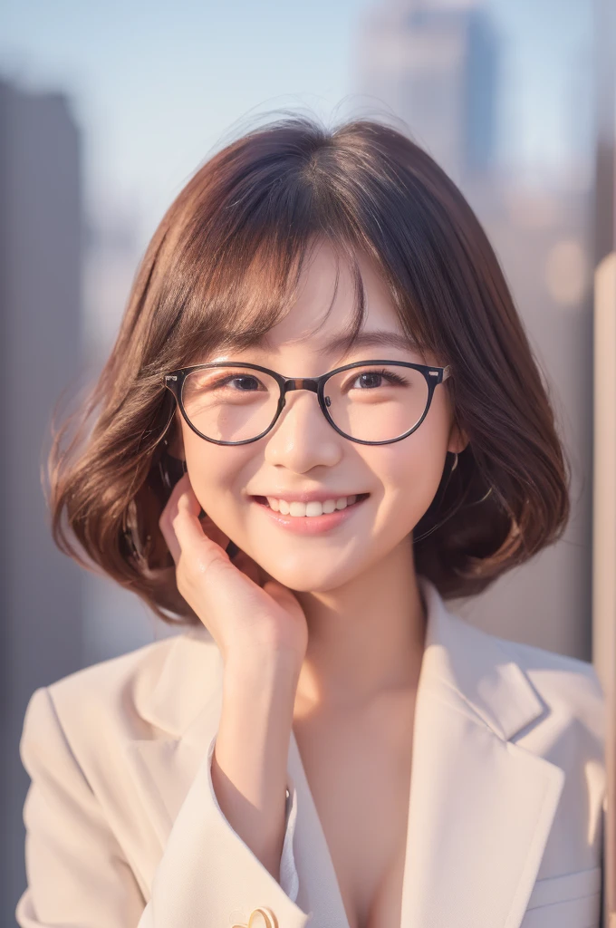 ((Best Quality, In 8K, Masterpiece :1.3))(Correctly generated eyes、Correctly generated hands) (Japanese girl professional photo)、
One girl、Esbian all over、double eyelid、 Loose and fluffy perm 、Glasses、 smile、suit、White background