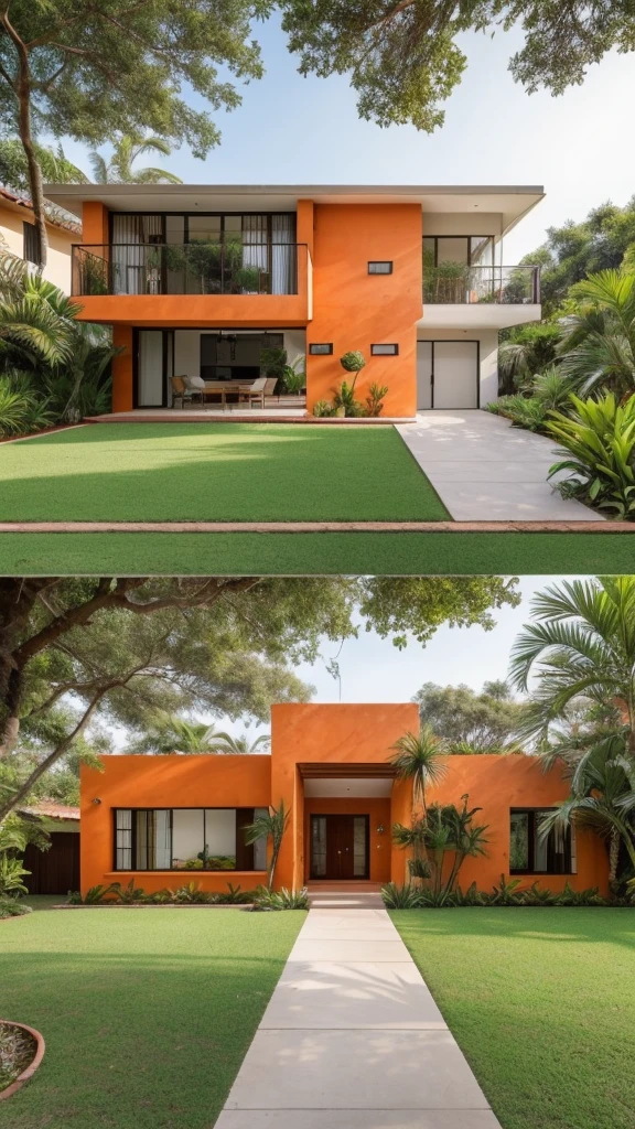 Uma casa laranjada moderna de concreto, paredes na cor Laranja,  floresta tropical, Next to a pond with lots of very ornamental plants, orange walls