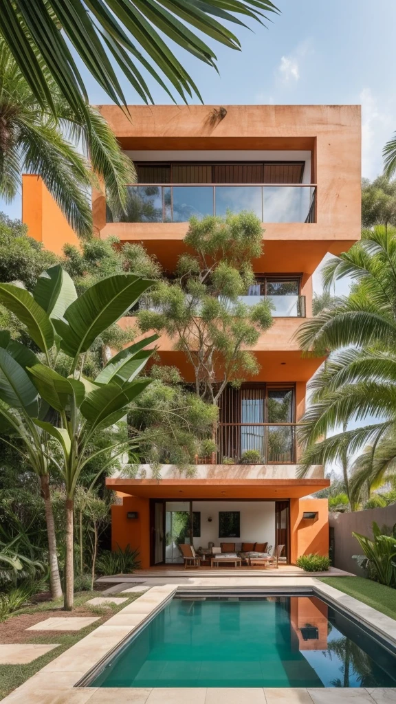 Uma casa laranjada moderna de concreto, paredes na cor Laranja,  floresta tropical, Next to a pond with lots of very ornamental plants, orange walls