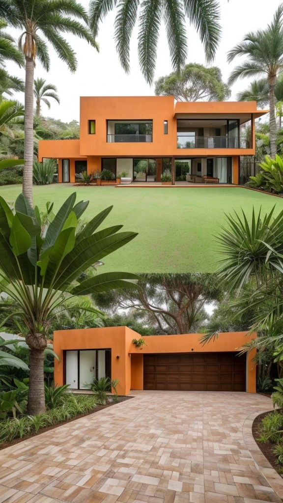 Uma casa laranjada moderna de concreto, paredes na cor Laranja,  floresta tropical, Next to a pond with lots of very ornamental plants, orange walls