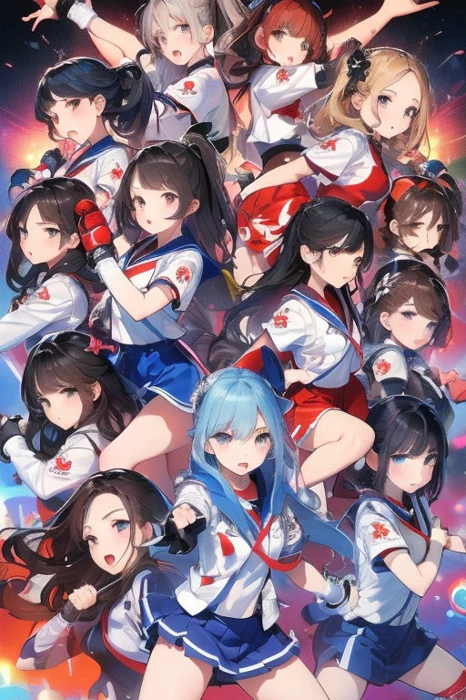 Highest quality, masterpiece, Ultra-high resolution, (6 Girls:1.2),3 vs 3、14 years old、Each one has a different uniform、Mixed martial arts、Fighting fiercely、cute、cool、Mature