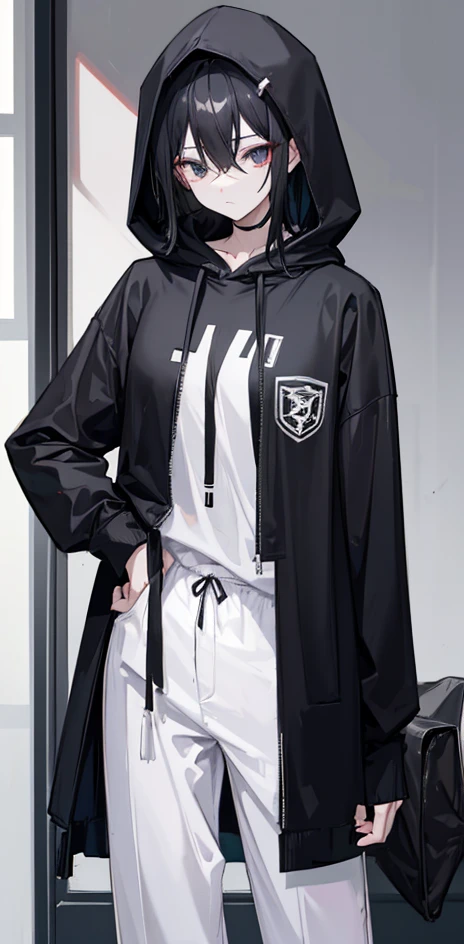 ((Black Hair、black eye、Feminine appearance、Tall and slim、male)、((Wearing a hoodie、Hood pulled down deeply)、Wearing long trousers、Wearing a mask))
