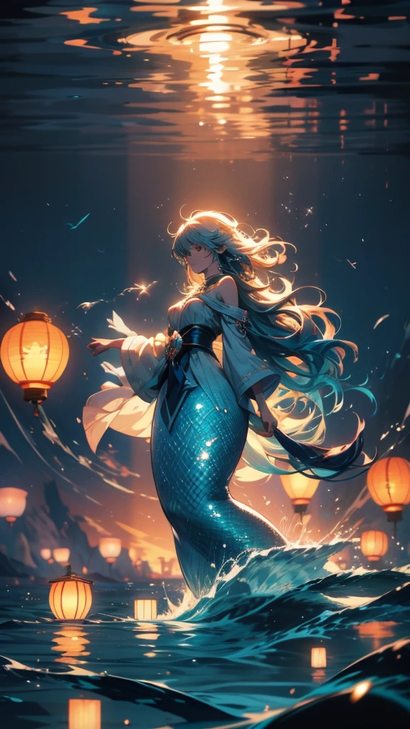 Long-haired mermaid floating in the sea surrounded by lanterns, Inspired by Yumei, by Yuumei, Floating light, Makoto Shinkai Cyril Rolland, Anime girl walking on water, In the waterグロー, floating In the water, Jellyfish Shrine Maiden, Glowing Light! Digital Painting, Jan J, In the water, Inspired by Cyril Rolland, Wallpaper Anime Blue Water