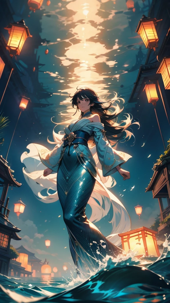 Long-haired mermaid floating in the sea surrounded by lanterns, Inspired by Yumei, by Yuumei, Floating light, Makoto Shinkai Cyril Rolland, Anime girl walking on water, In the waterグロー, floating In the water, Jellyfish Shrine Maiden, Glowing Light! Digital Painting, Jan J, In the water, Inspired by Cyril Rolland, Wallpaper Anime Blue Water