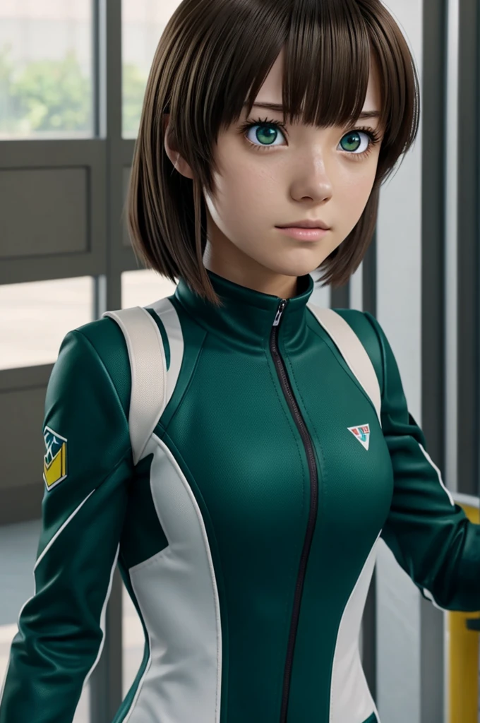 Screenshot screencap anime Boku no hero academia, 18 year old girl, light brown hair, long, straight and with bangs, green eyes, Black hero suit with electric blue touches, can control water