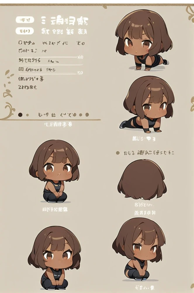Character sheet, white background, chibi, mae, simple clothes, squat pose, brown skin, cartoon style, high quality, high resolution
