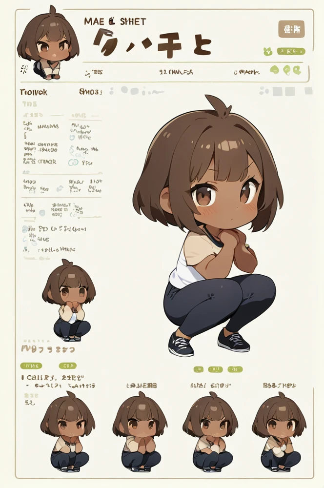 Character sheet, white background, chibi, mae, simple clothes, squat pose, brown skin, cartoon style, high quality, high resolution