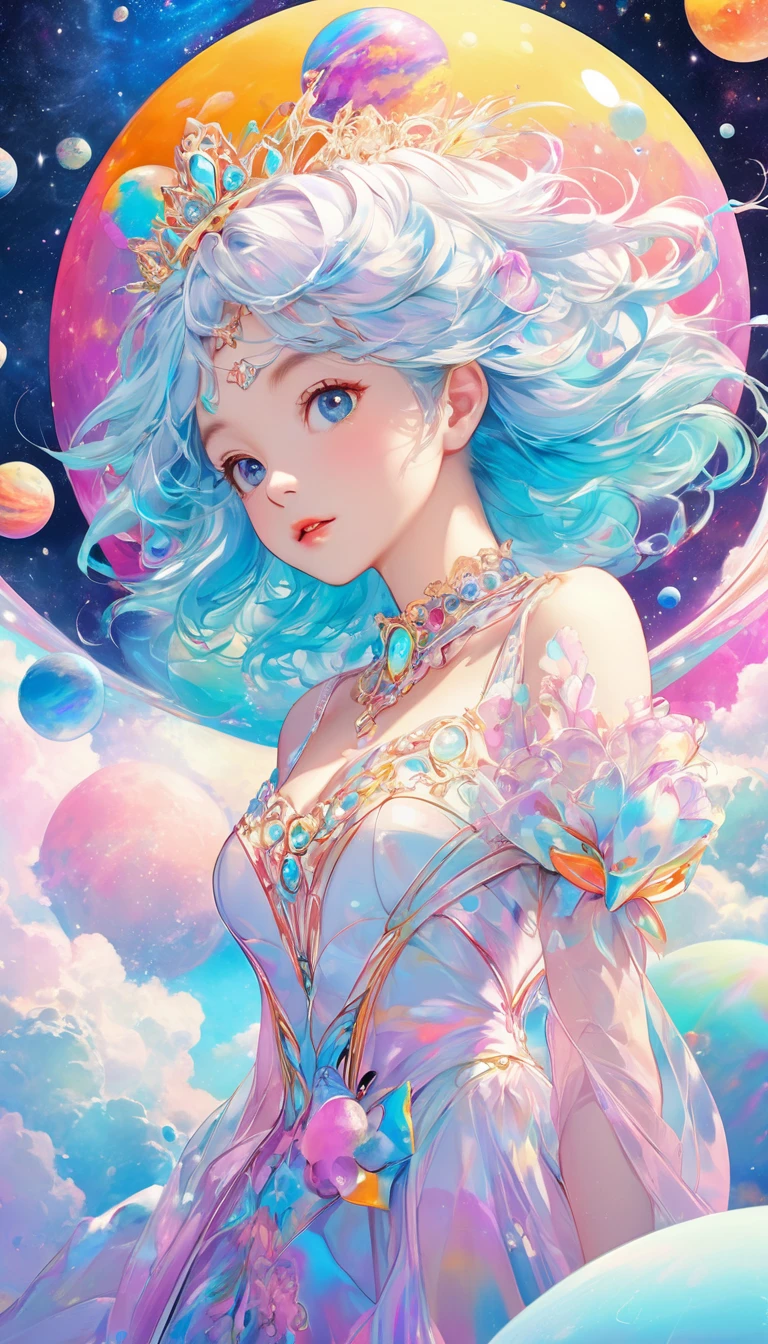 best quality, super fine, 16k, 2.5D, delicate and dynamic depiction, beautiful queen of the new race, Infinite space, fantasy wonderland, zero gravity, cute pastel textures, pop art effects