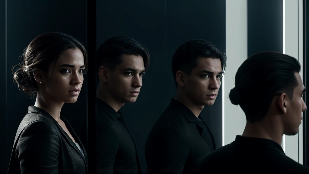 a diverse group of people, looking at their own reflections in a series of mirrors, expressions of surprise and wonder, 1girl, 1boy, 1woman, 1man, highly detailed, photorealistic, 8k, cinematic lighting, dramatic shadows, hyper-realistic, intricate details, high quality, masterpiece, ethereal, magical, surreal, fantasy, dramatic, cinematic, moody lighting, dynamic composition, vivid colors, striking contrasts