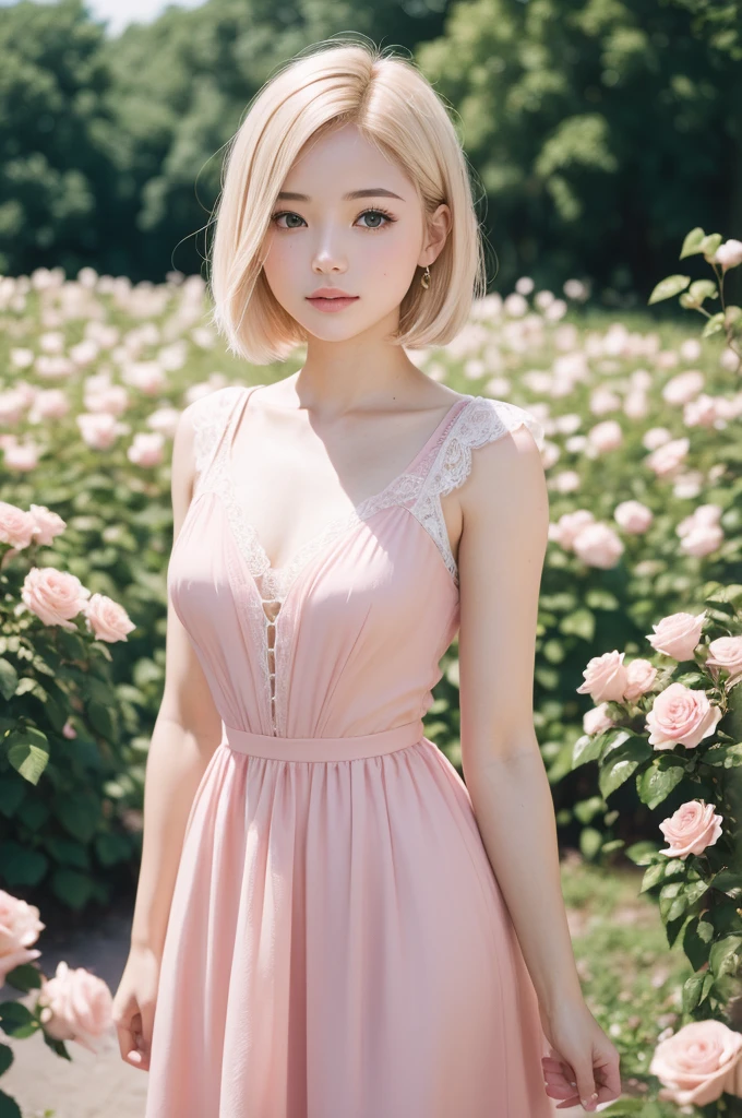 8K, CRU photo, Fujifilm, style photo of a beautiful young woman like Avril in a light pink rose garden (highly detailed skin: 1.2) Style-Petal BREAK short hair, blonde hair with colored highlights, wearing a dress, film grain, 35mm, cute style