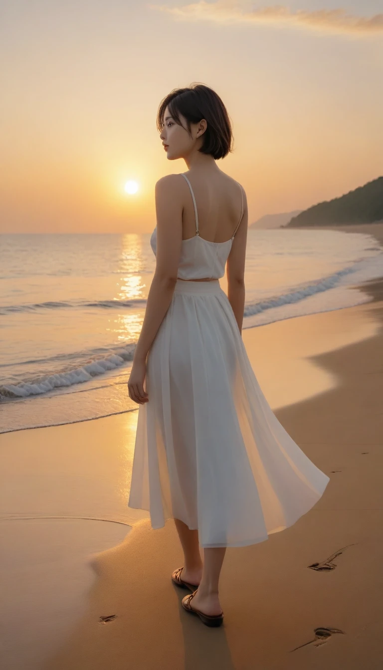 K Realistic, living photos, Realistic appearance of nature, , Woman looking at the sea at sunset. Walking in the distance with a wide angle lens , Side view of an Asian woman wearing a light skirt, burning sunset light, Short hair
