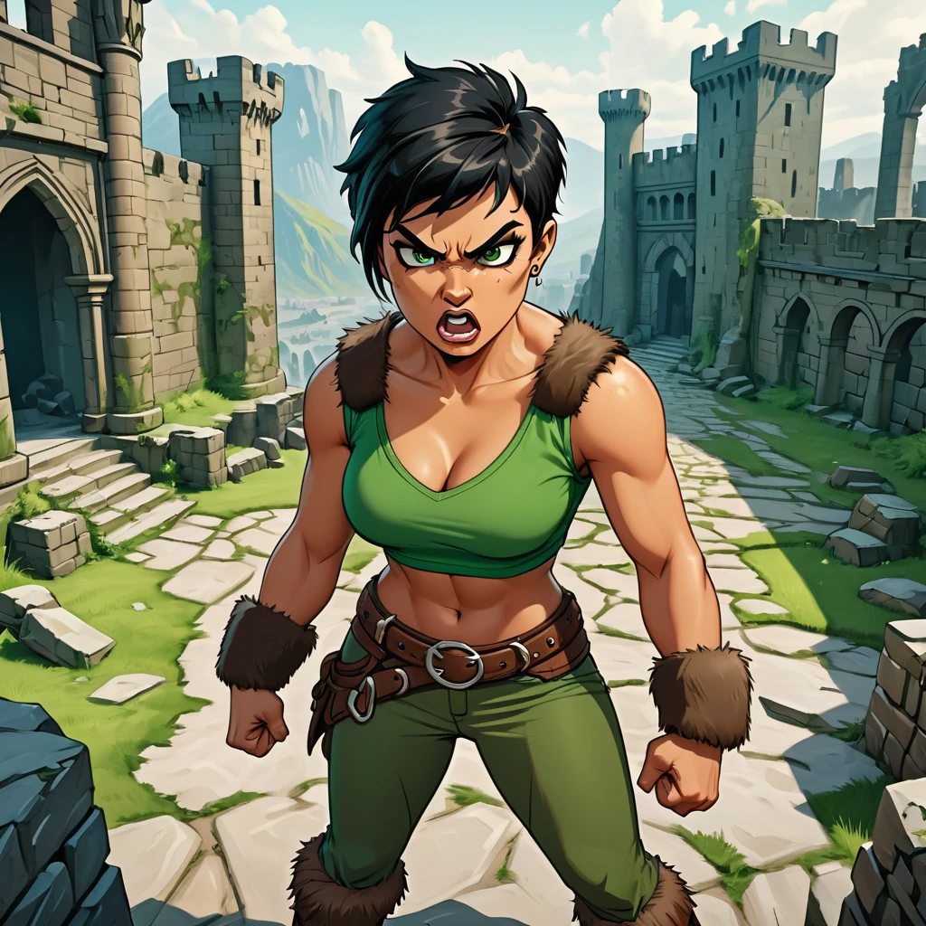 a female barbarian, pixie cut hair,  black hair, tanned skin, bronze skin. Wide shoulders,  large , strong jaw, (((detailed eyes, detailed face))). Wearing green shirt and pants, fur trim,  fur boots. Angry expression. Show her standing in a heroic pose, fists on her hips.  Castle ruins background. Pov from above 
