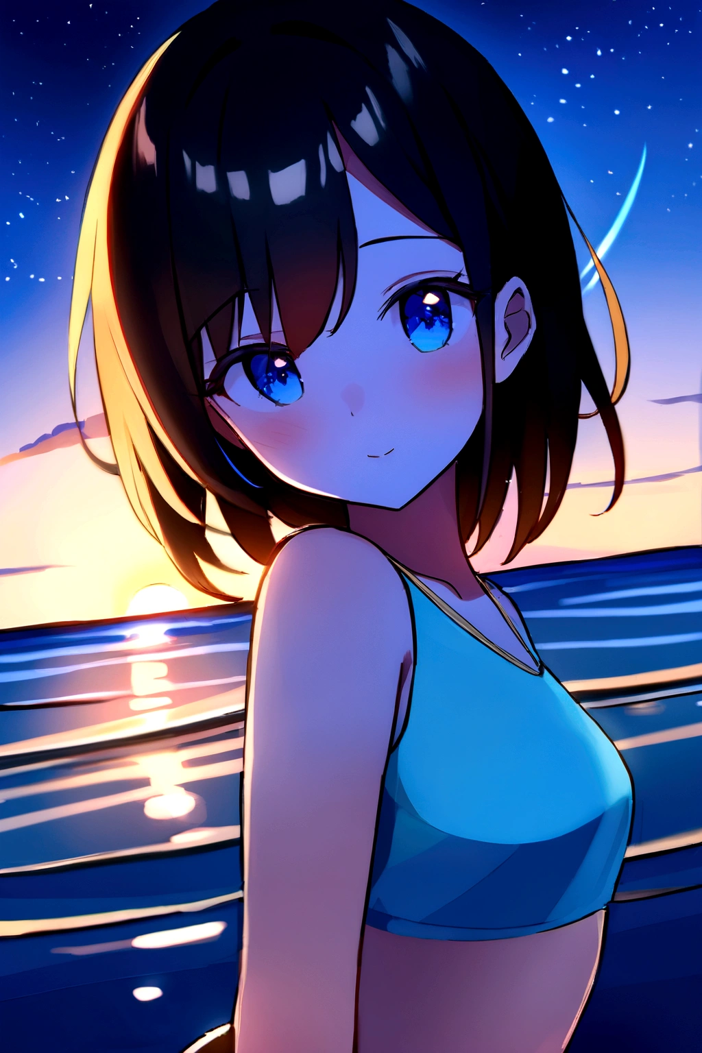 Main part、upscale、Excellent image quality、8K picture quality、Beautiful starry sky pictures、Gorgeous、arched galaxy:1.9、Blue Sea、Swimsuit Beauty:1.9