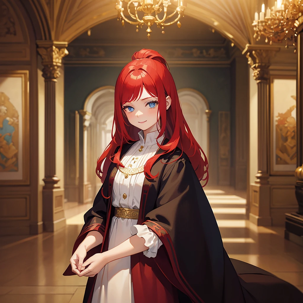 A girl with red hair and blue eyes, wearing noble clothes, With a gentle smile, in a palace environment. (age eight:1.8) [swirly vibrant colors] [oil painting] [detailed back ground] [soft lighting] [high resolution] [elegant atmosphere] [beautifully detailed eyes] [beautifully detailed lips] [long eyelashes] hugging a young redhead, the young man closed his eyes and royal clothes, pale skin and enviable beauty
