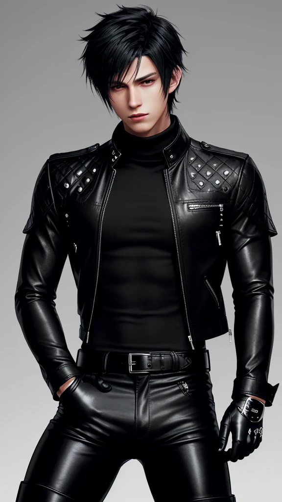 Final fantasy taste and reality graphics, Japanese young cute and cool ikemen  boy, his age is early 20s, thin eyebrows and beady eyes,  he wearing off black color leather thick singlebrest biker jacket, with epaulet,  must close the front of the leather jacket, jacket is biker style, jacket is voluminous, , jacket collar is high length stand-up collar with belts, jacket is a little black line pattern,close the front of the jacket, also wearing black thick turtleneck lackluster shirts,  tight black leather pants, shiny black leather tight and thin glove, black leather knee-high raceup boots,must views  head-to-toe,must views whole body, boy looks like fashion model,Do not show skin from the neck down,leather jacket leather glove and leather pants have few wrinkles,boy in the room,