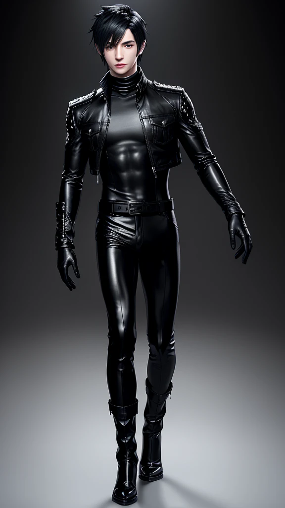 Final fantasy taste and reality graphics, Japanese young cute and cool ikemen  boy, his age is early 20s, thin eyebrows and beady eyes,  he wearing off black color leather thick singlebrest biker jacket, with epaulet,  must close the front of the leather jacket, jacket is biker style, jacket is voluminous, , jacket collar is high length stand-up collar with belts, jacket is a little black line pattern,close the front of the jacket, also wearing black thick turtleneck lackluster shirts,  tight black leather pants, shiny black leather tight and thin glove, black leather knee-high raceup boots,must views  head-to-toe,must views whole body, boy looks like fashion model,Do not show skin from the neck down,leather jacket leather glove and leather pants have few wrinkles,boy in the room,