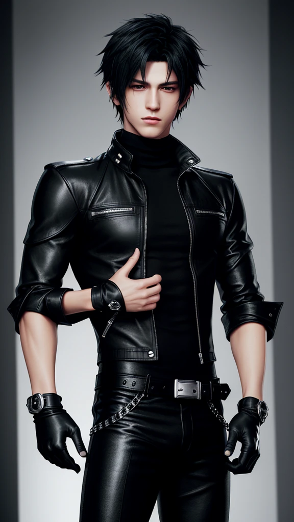 Final fantasy taste and reality graphics, Japanese young cute and cool ikemen boy, his age is early 20s, thin eyebrows and beady eyes, he wearing off black color leather thick singlebrest biker jacket, with epaulet, must close the front of the leather jacket, jacket is biker style, jacket is voluminous, , jacket collar is high length stand-up collar with belts, jacket is a little black line pattern,close the front of the jacket, also wearing black thick turtleneck lackluster shirts, tight black leather pants, shiny black leather tight and thin glove, black leather knee-high raceup boots,must views head-to-toe,must views whole body, boy looks like fashion model,Do not show skin from the neck down,leather jacket leather glove and leather pants have few wrinkles,boy in the room,