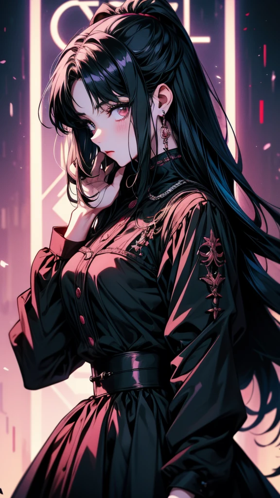 長い髪とblackい手袋をはめて携帯電話を持っているアニメの女の子,  In a dress, 1 7 year old anime goth girl, Automated Kidney, Gothic Maiden Anime Girl, from Girls&#39; Frontline, Fine details. Girls&#39; Frontline, blackいドレスを着たアニメの女の子, & Her expression is solemn, black, Girls&#39; Frontline style, Portrait of Lolita