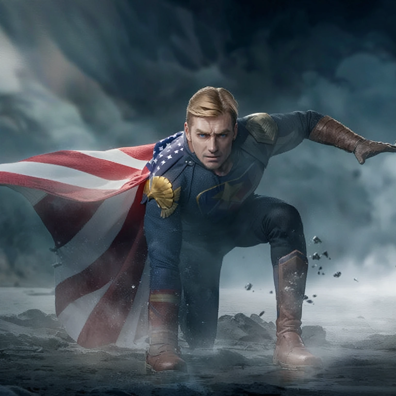 blurred image of a man dressed as a superhero with a flag on his chest, Home Lander from the boys, Home Lander, his cape is the american flag,