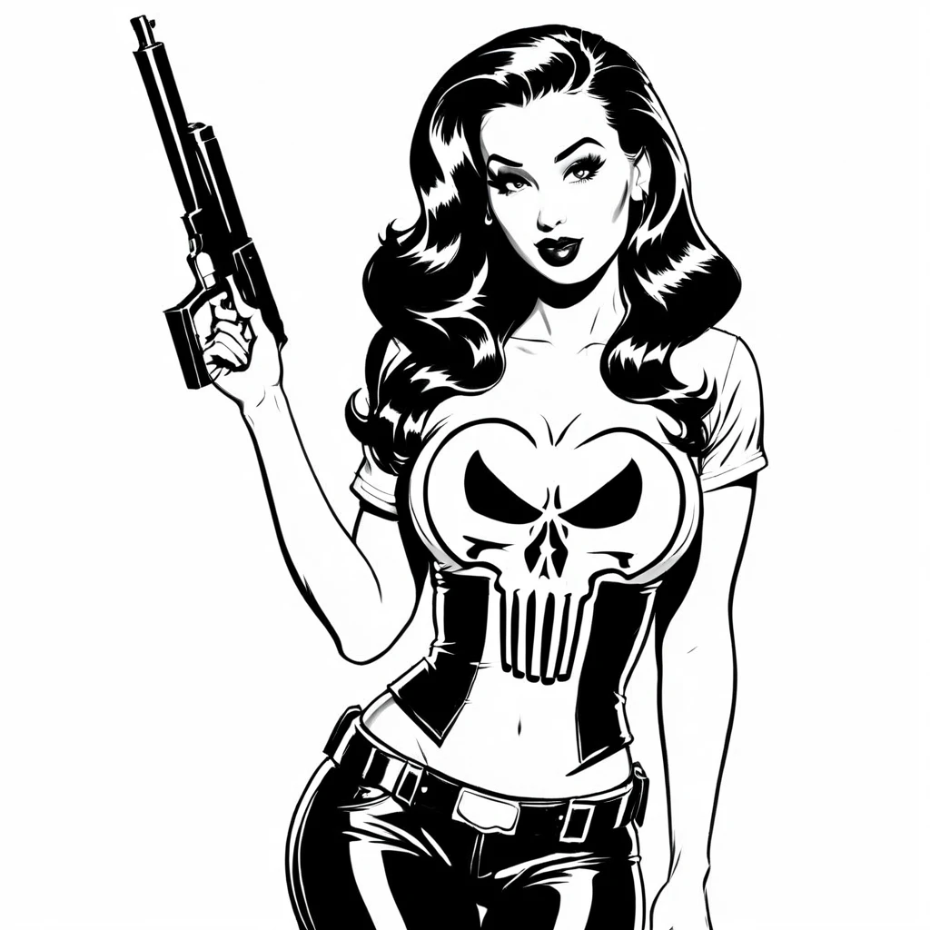 sexy pinup wearing a punisher shirt, coloring page, black and white, white background