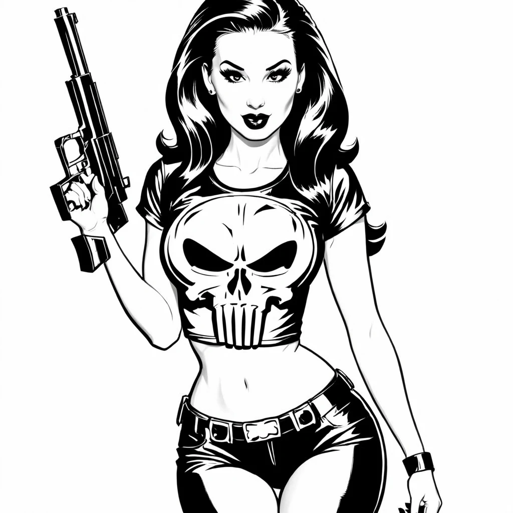 sexy pinup wearing a punisher shirt, coloring page, black and white, white background