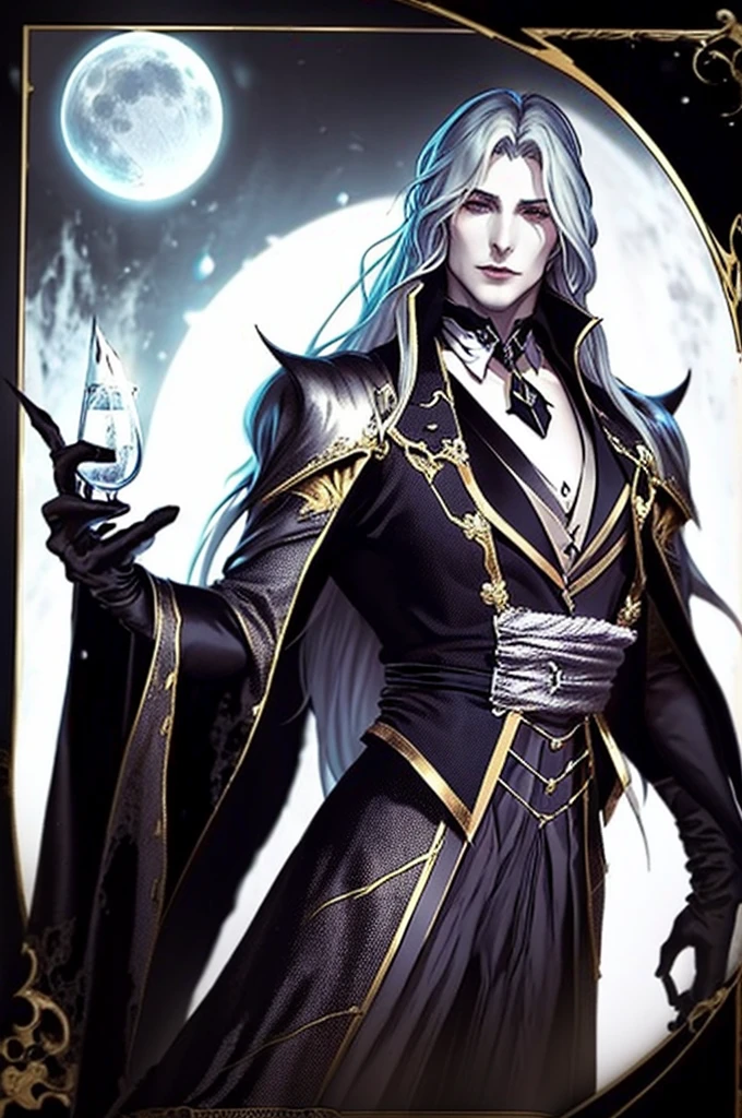 a vampire His physical features should be similar to those of Alucard from Castlevania: Symphony of the Night. It should have an elegant and mysterious appearance, with long silver hair, piercing eyes and sharp facial features. Wear dark and gothic style clothes. Your presence must be imposing and noble, reflecting his aristocratic origin and supernatural power, emerging from a lake with the full moon in the background