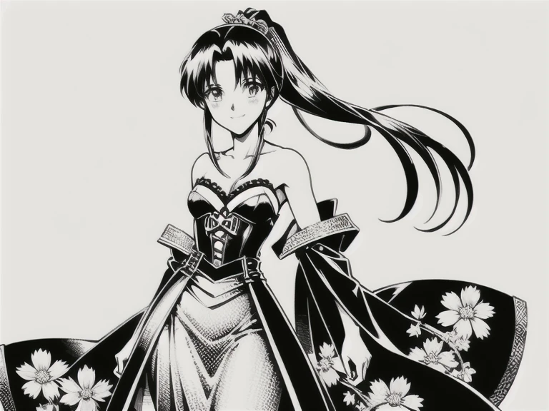 A stunning 17-year-old anime girl, solo and radiant, dons a breathtaking victorian dress, bare shoulder. Her slender body and long legs are showcased as she strikes a shy yet captivating smile. Her beautiful eyes sparkle under the gentle framing of her raven-black locks, hair tien in ponytail which cascade down her face like a waterfall. In high-quality monochromatic tones, her kaorumanga-inspired beauty shines bright against a simple, uncluttered background, drawing full focus on her resplendent figure,(racimo de flores:1.3), (zentangle:1.2), (geométrico:1.2),(vistoso)