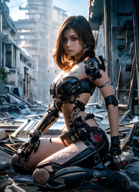 ((masterpiece, Highest quality, Best image quality, High resolution, Realistic, RAW Photos, 8K)), cyborg, 20 year old girl, Metal、Dilapidated city,Full Body Shot、ruins、Low - Angle